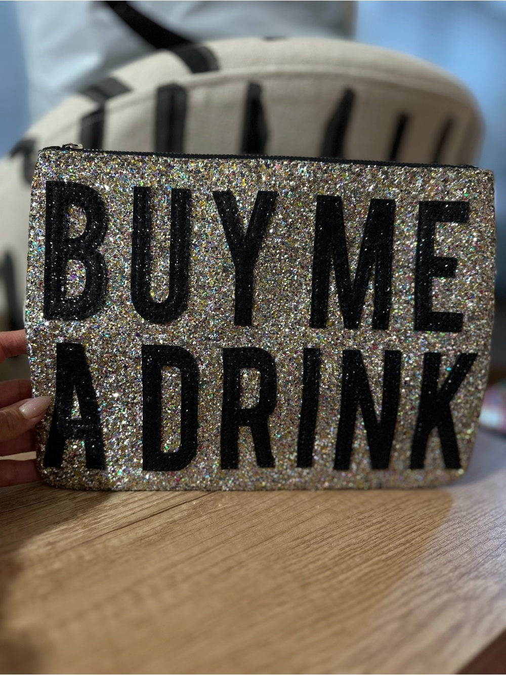 Express Glitter 'BUY ME A DRINK' Clutch in Silver and Black